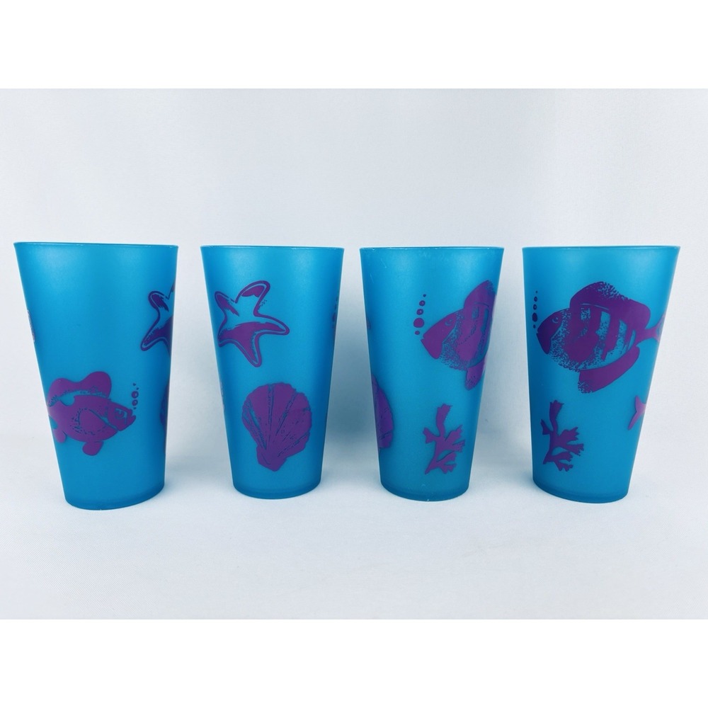 Thermo-Serv Blue Purple Fish Shell Starfish Set of 4 Tumblers Cups Vintage MCM